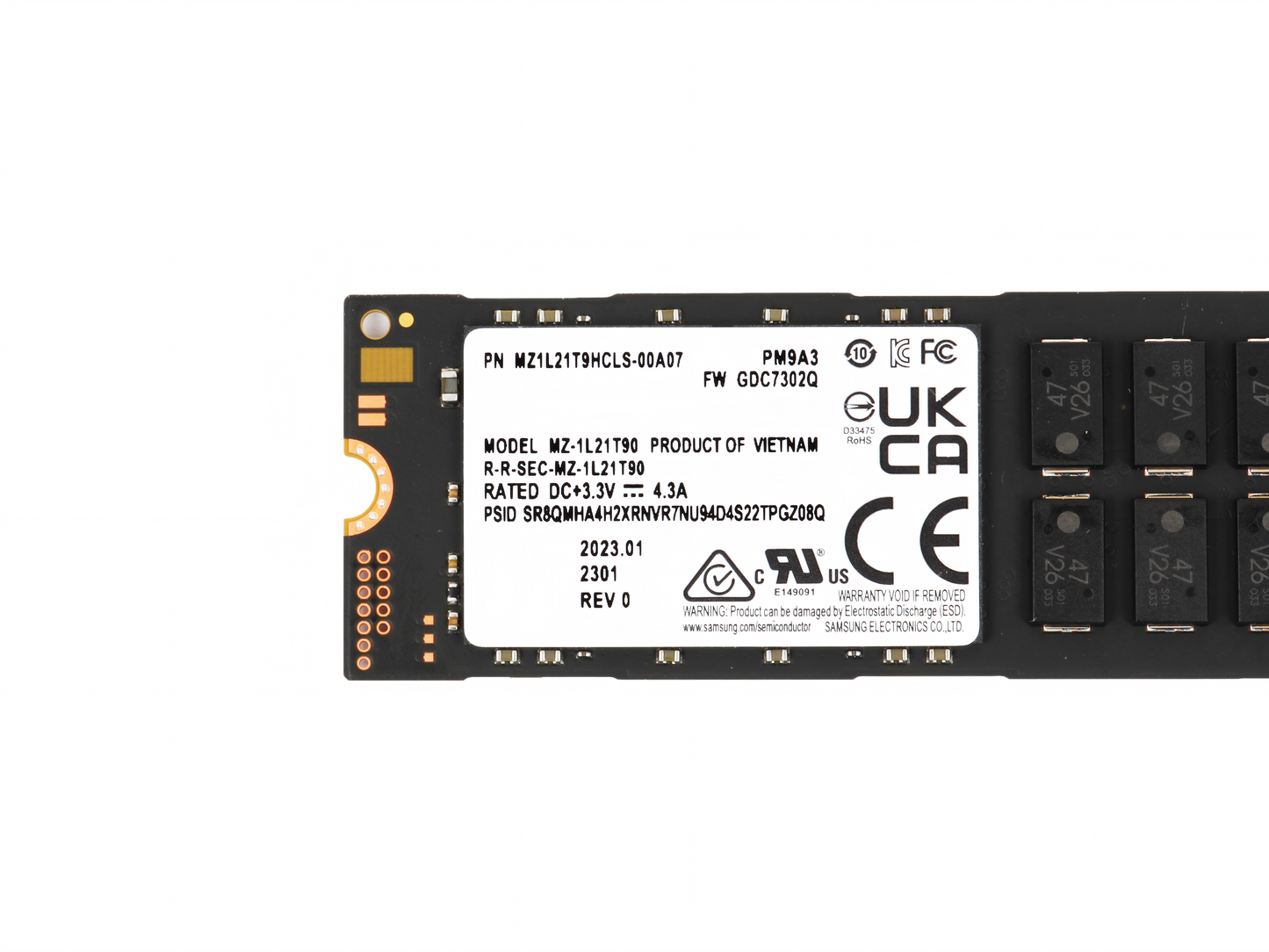 Samsung PM9A3 MZ1L21T9HCLS-00A07 1.92TB M.2 NVMe Enterprise SSD side view
